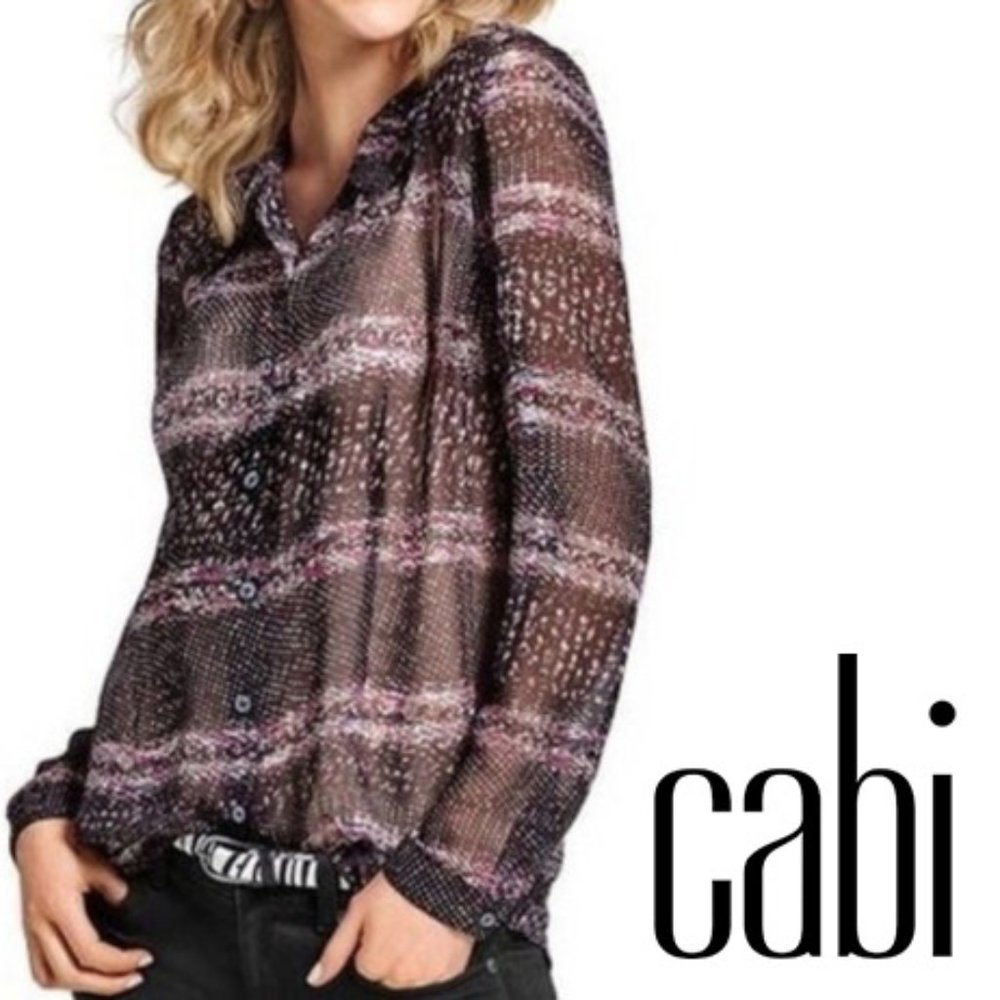 Cabi #3249 Paris Long Sleeve Blouse Chiffon Dots Stripes Black Size Small